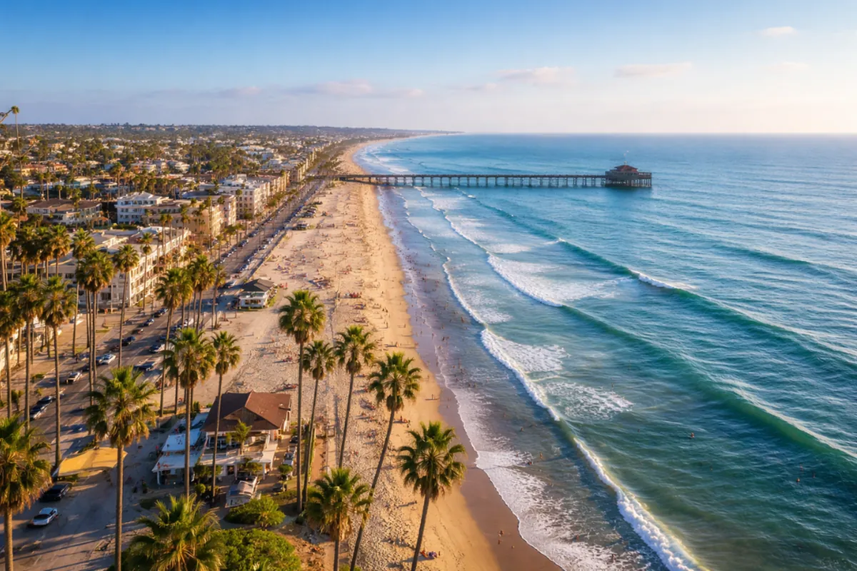 Aerial view of a palm-lined beach with a pier, rolling surf, and beachfront homes along the Southern California coast