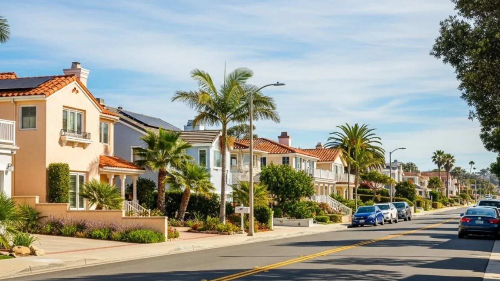 Quiet residential street in North County San Diego lined with palm trees and Spanish-style homes
