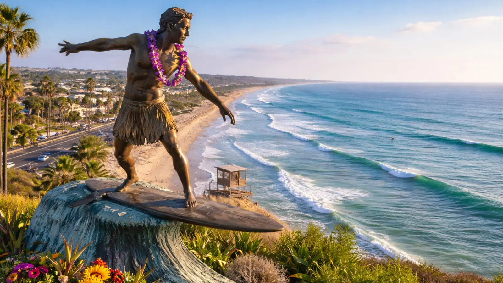 Cardiff Kook surfer statue overlooking the North County San Diego coastline featured by Karen Pietsch Real Estate