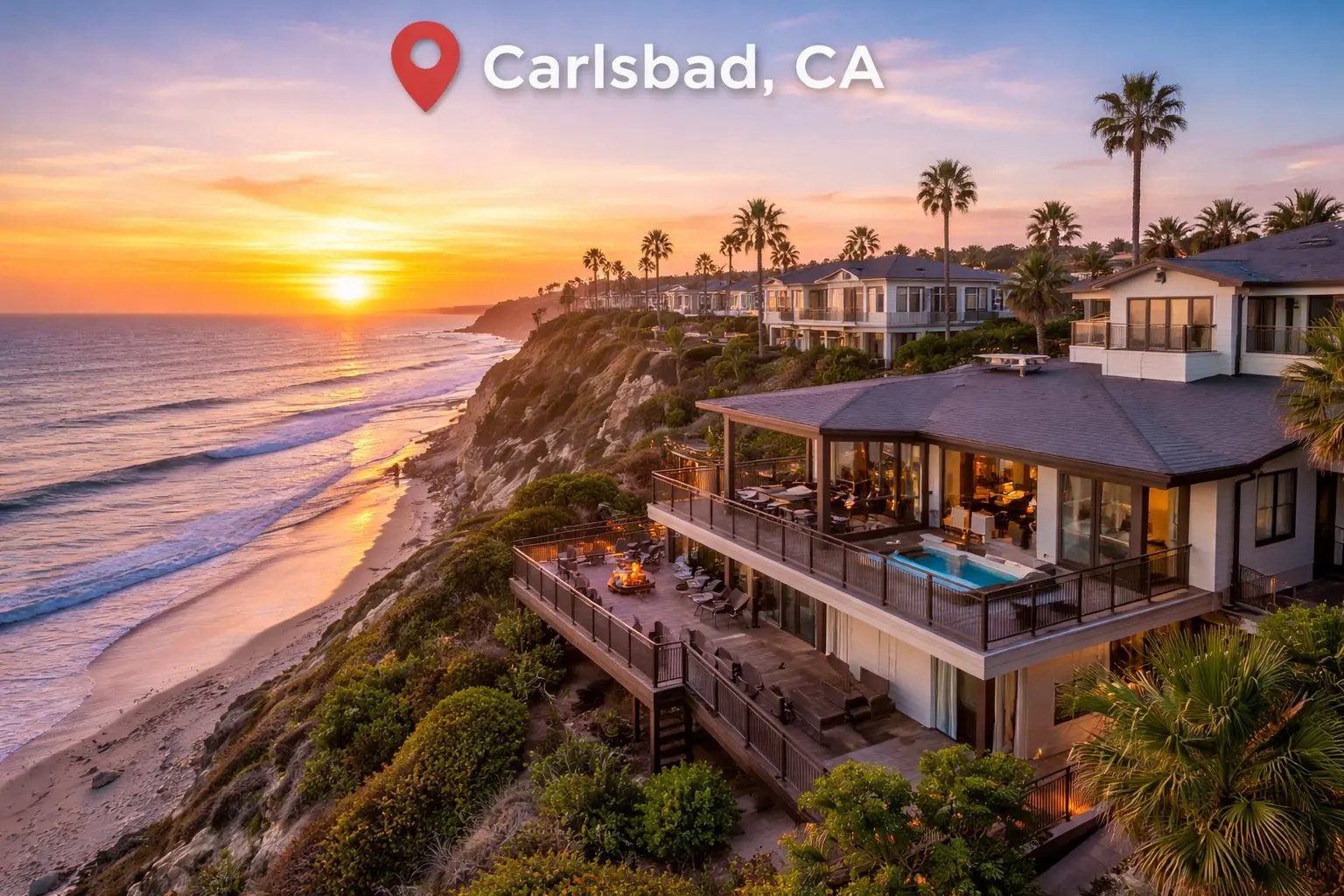 Oceanfront homes on the bluffs in Carlsbad, CA at sunset