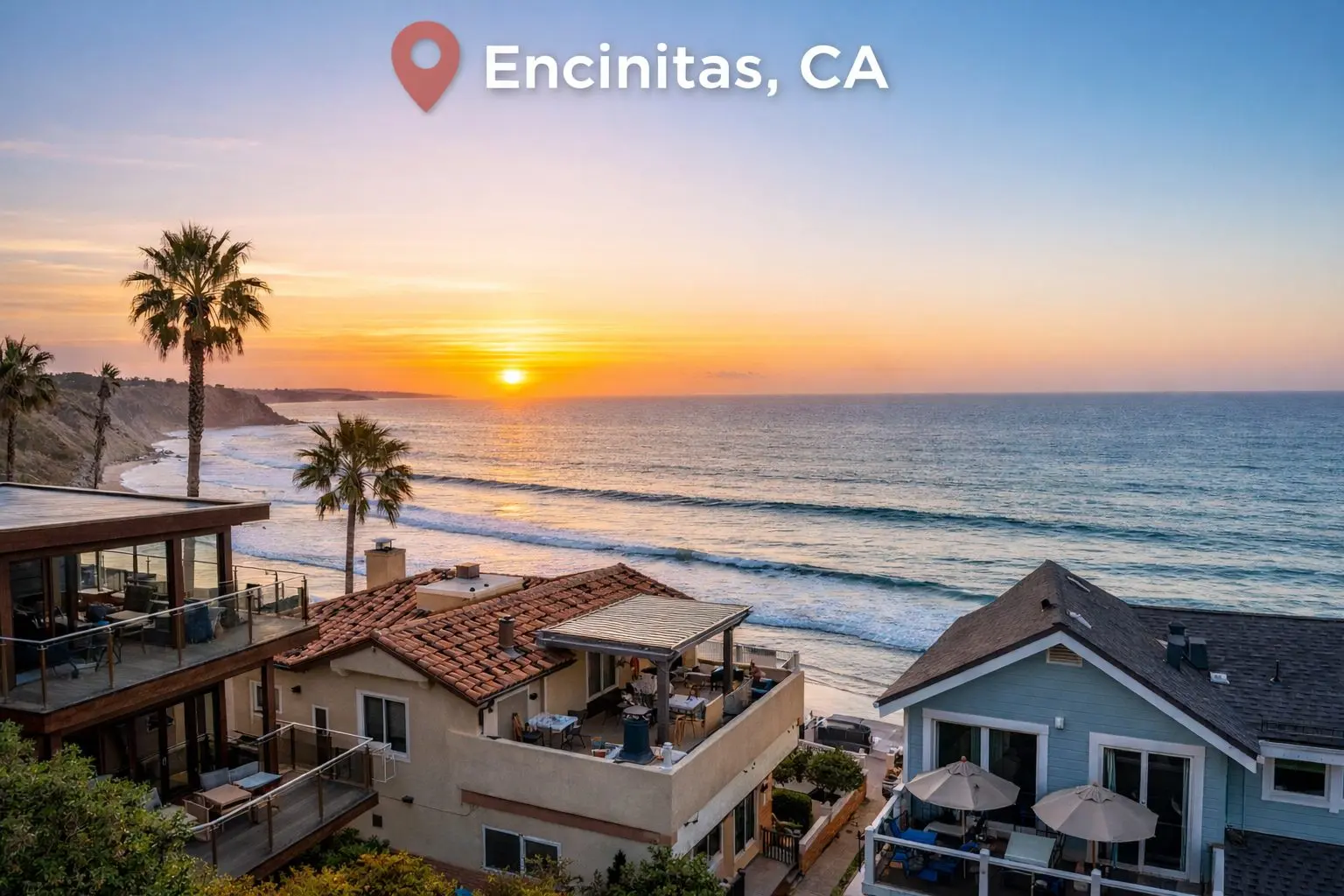 Oceanfront home in Encinitas, CA at sunset