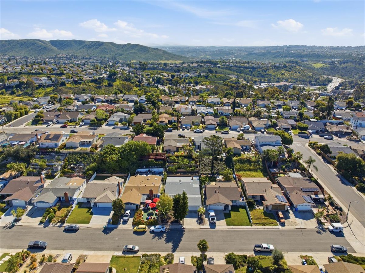 Aerial view of a North County San Diego neighborhood with single-family homes, palm trees and rolling green hills